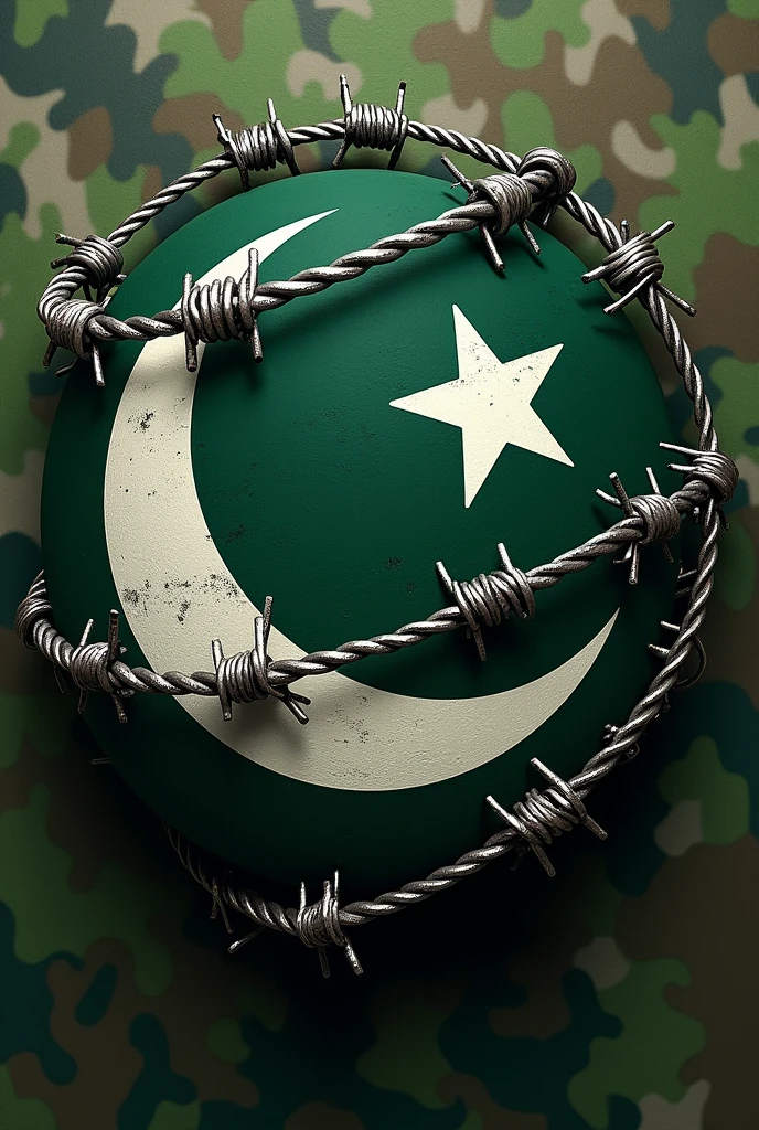 Pakistan flag wrapped razor wire around it and background of camouflage pattern