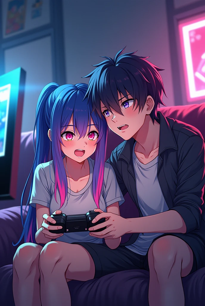 Hot anime girl and boy gaming