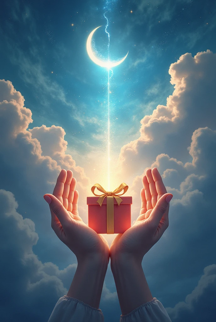 Make me a picture that contains clouds, the crescent and the sun, In the middle, Hands holding a gift, and flashes of light.