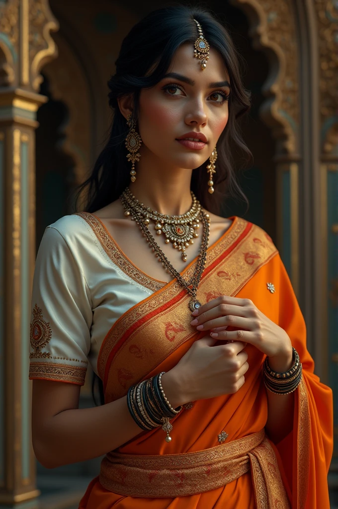 A beautiful indian women putting keys in her blouse