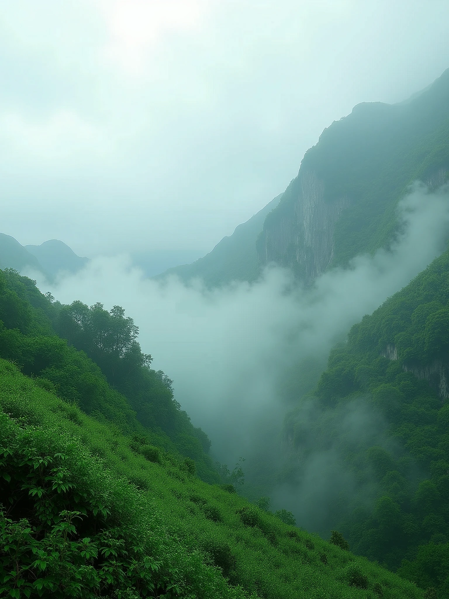 Capture the enchanting beauty of mist-covered green mountains during the monsoon, with every leaf and drop of dew rendered in stunning Ultra HD detail.