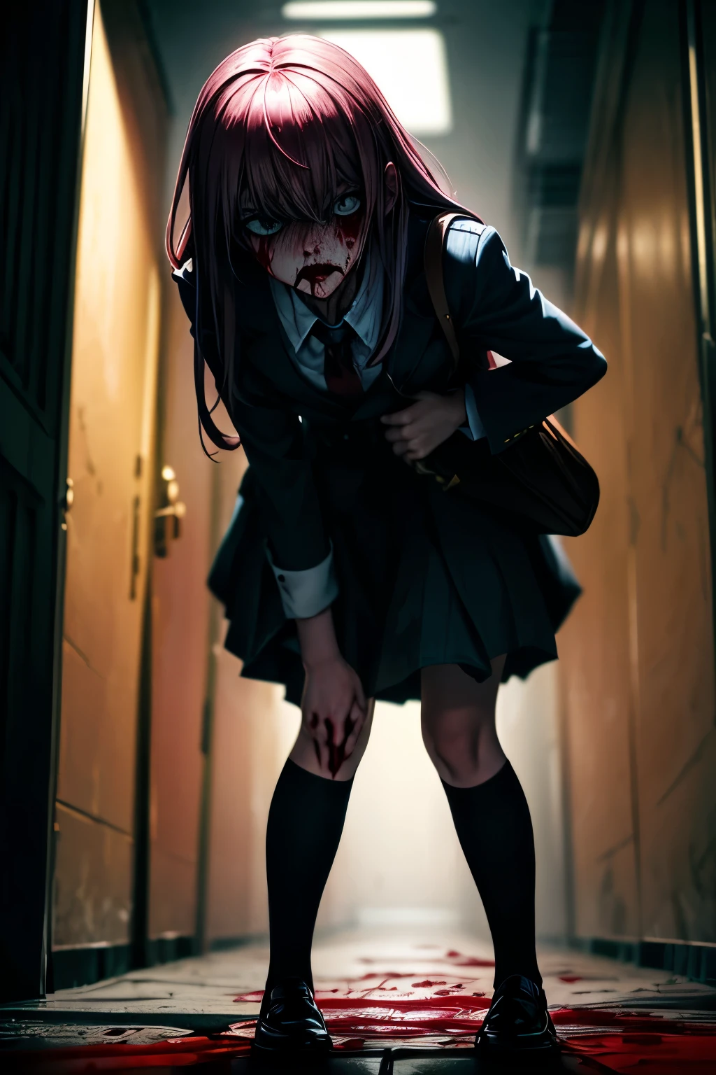 Young woman, pink hair, Blue , blood, blood на лице, blood на одежде, blood spatter, shock, fear, emotion horror, fear на лице, school corridor background, Horrible atmosphere
