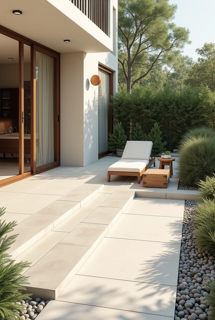 I want a 3D design for an exterior floor of a house with measurements of 2.50 for 1.40 with neutral colors