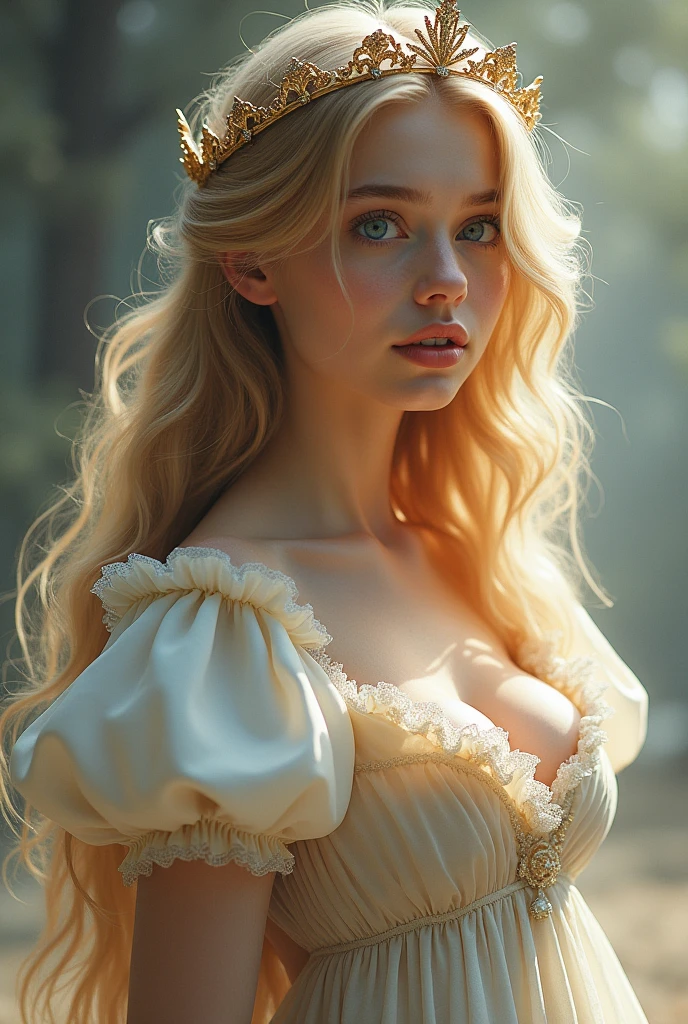sysdeep_celes 1girl, solo, long_hair, breasts, open_mouth, blue_eyes, large_breasts, blonde_hair, long_sleeves, dress, medium_breasts, upper_body, puffy_sleeves, blunt_bangs, crown, tiara, juliet_sleeves,