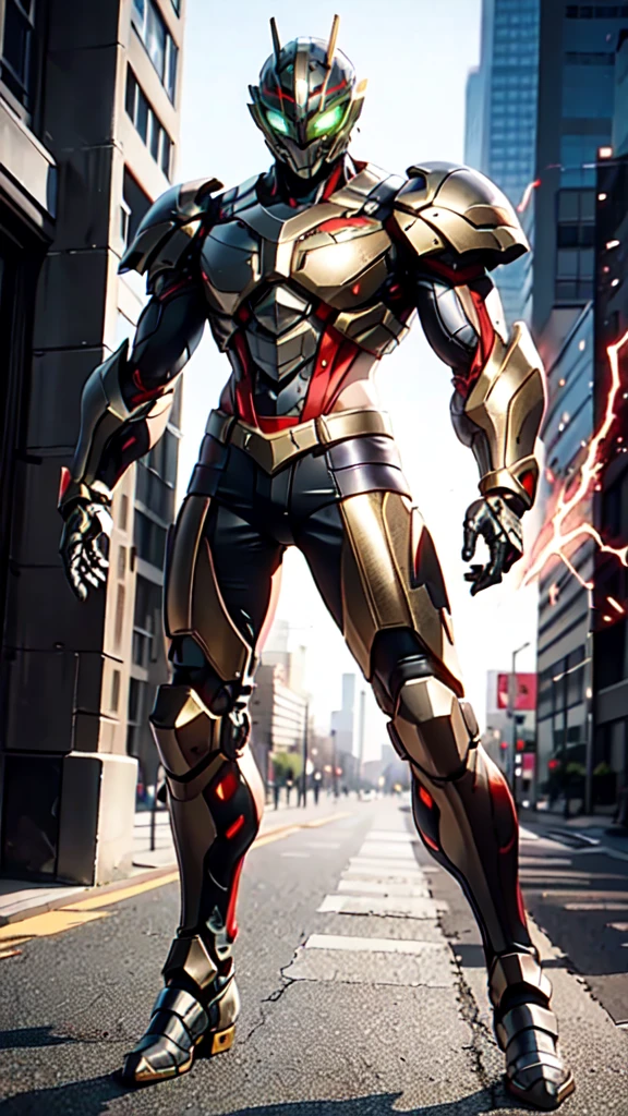 A man wearing a full-face helmet, a fantasy-style biotech armored combat suit, green eyes, (a composite layered chest armor), fully enclosed shoulder guards, matching arm and leg guards, the belt is adorned with dragon claw grasping orbs, (the color scheme is primarily black with red accents), the design balances heavy with agility, a high-tech bio-mecha armor, (Armor Concept Inspired by Dragons, stand on the top of a skyscraper in a futuristic sci-fi city), this character embodies a finely crafted fantasy-surreal style armored hero in anime style, exquisite and mature manga art style, (element, plasma, energy, the armor glows), ((male:1.5)), metallic, real texture material, dramatic, high definition, best quality, highres, ultra-detailed, ultra-fine painting, extremely delicate, professional, perfect body proportions, golden ratio, anatomically correct, symmetrical face, extremely detailed eyes and face, high quality eyes, creativity, RAW photo, UHD, 32k, Natural light, cinematic lighting, masterpiece-anatomy-perfect, masterpiece:1.5