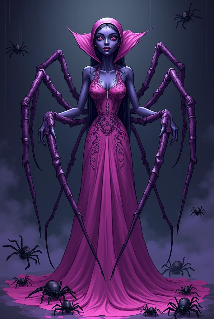 A spider woman with four arms in cartoon style with black colors, pink and purple; dark purple skin and elegant clothing, several spiders around him