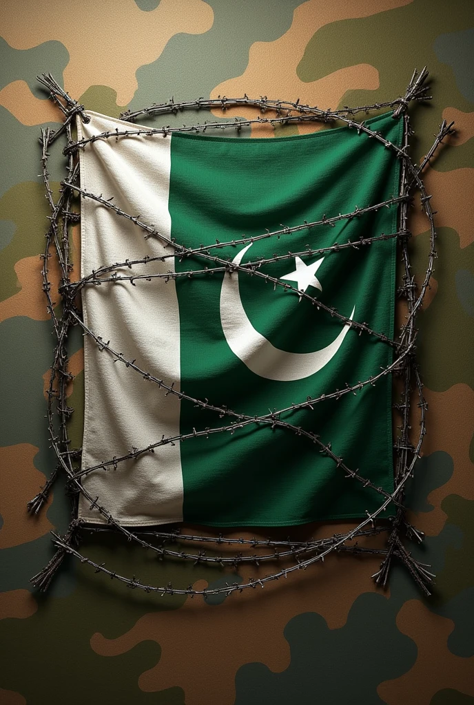 Pakistani flag wrapped razor wire around it and background of camouflage pattern