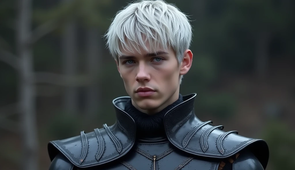 A targaryen teenager man with 15 years with silver short hair and violet eyes trails with black simple armor. full body