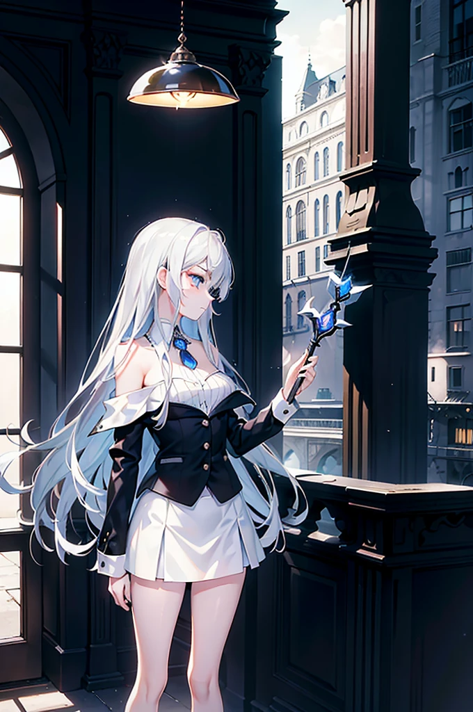 ((masterpiece)), ((best quality)), ((best illustration)), ((ultra-detailed)), 1 lady, teenager, absurdly long hair, silver hair, straight hair, blue eyes, beautiful detailed eyes, gloomy face, looking at viewer, business suit, ((off shoulder)), ((miniskirt)), bare legs, thin body, thin arms, long arms, holding cybernetic spear, standing, profile, urban, night, backlight