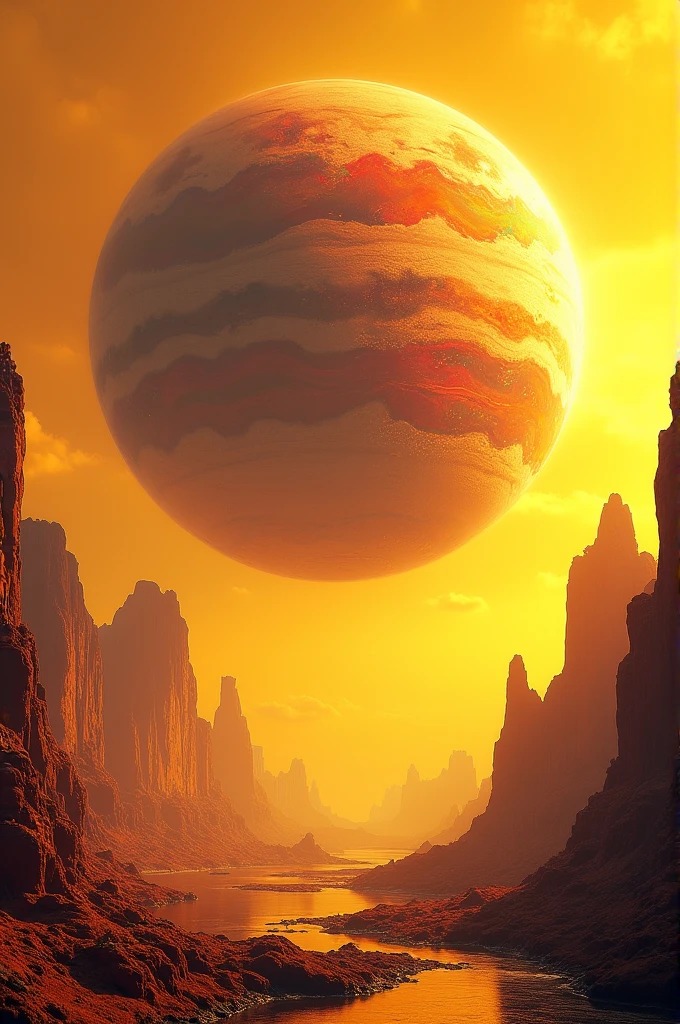 A planet on a yellow background