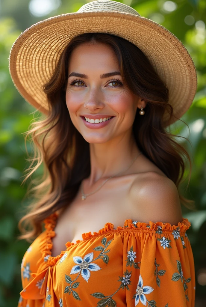 Brunette woman 40 years old in summer dress
