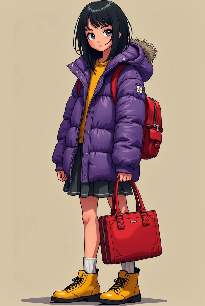 create a image rusian girl with red bag and wer yellow shoes and purple jacket ok age some thing 19 years old black hair