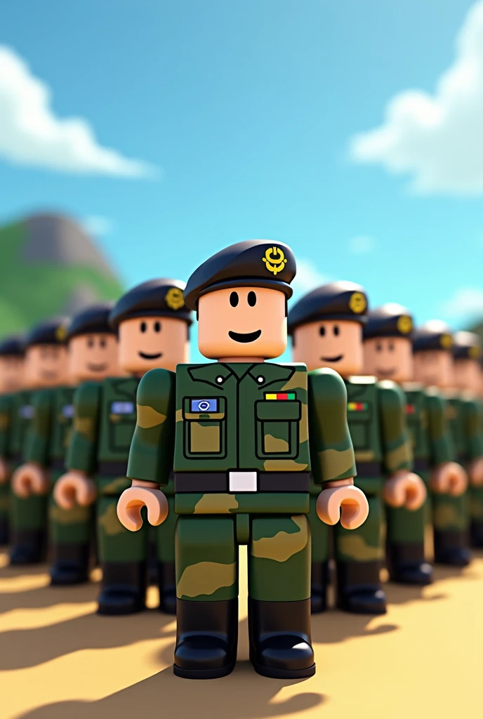 Create an image about Brazilian Army on Roblox with a written title: BRAZILIAN ARMY in Portuguese.
Leave it like that, just change the characters, leave them like Roblox dolls in uniform