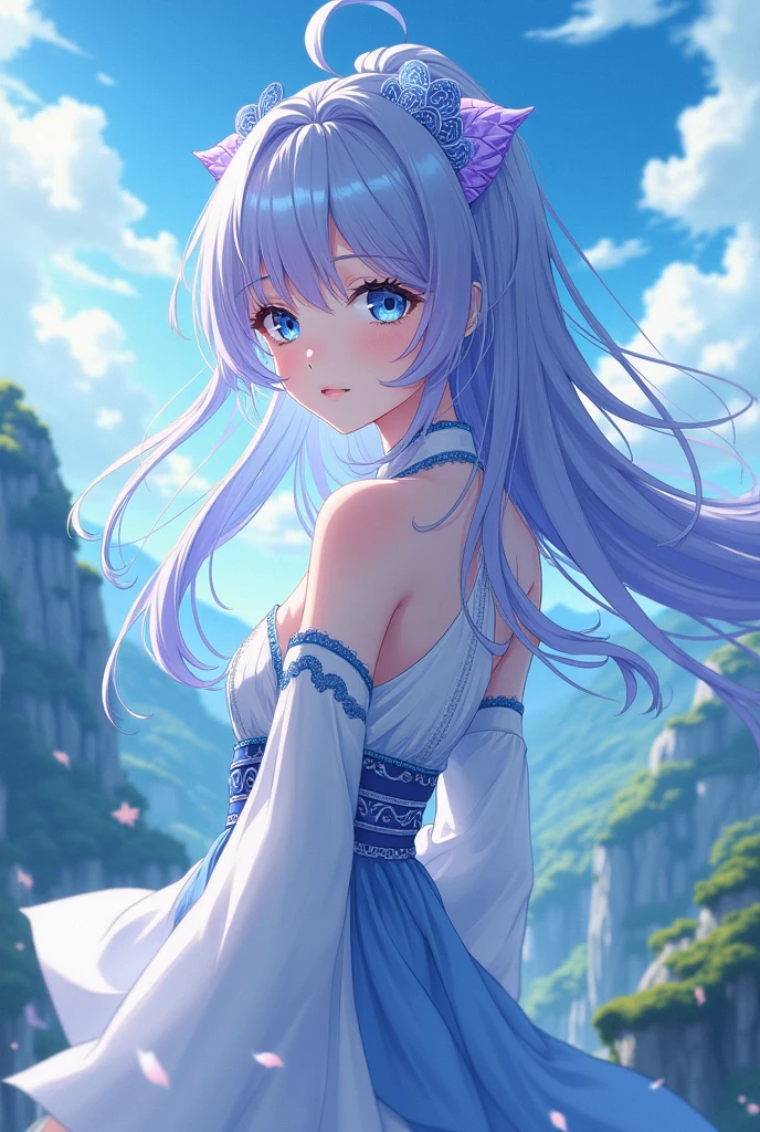 An anime character in style of an anime called "Demon slayer". Female, name - Amei which means heavens, sky. Create that character based off of her name. 