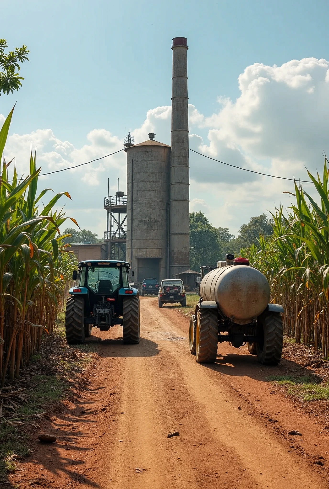 Sugar cane mill, fuel tank, tractors, vehicles