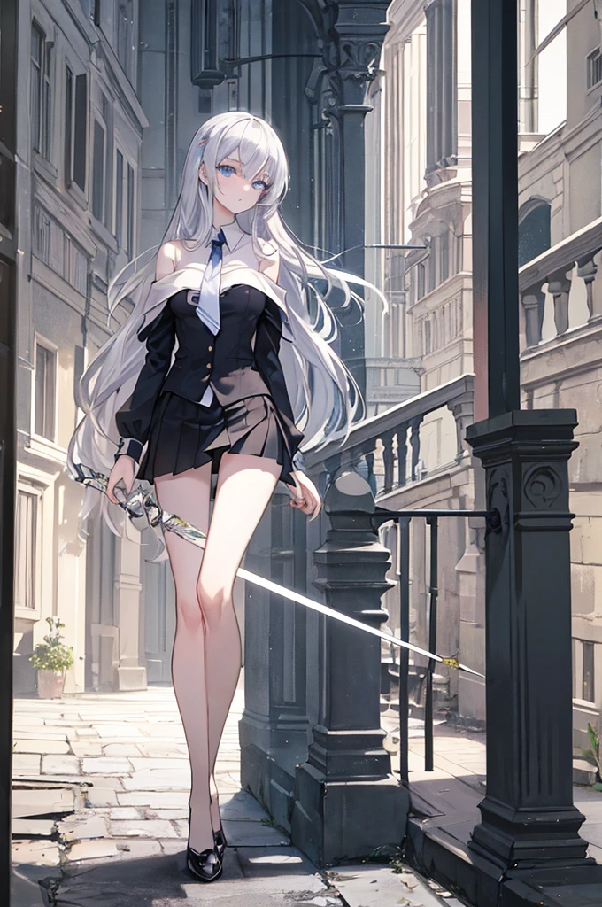 ((masterpiece)), ((best quality)), ((best illustration)), ((ultra-detailed)), 1 lady, teenager, absurdly long hair, silver hair, straight hair, blue eyes, beautiful detailed eyes, gloomy face, looking at viewer, business suit, ((off shoulder)), ((miniskirt)), bare legs, thin body, thin arms, long arms, holding cybernetic spear, standing, profile, urban, night, backlight