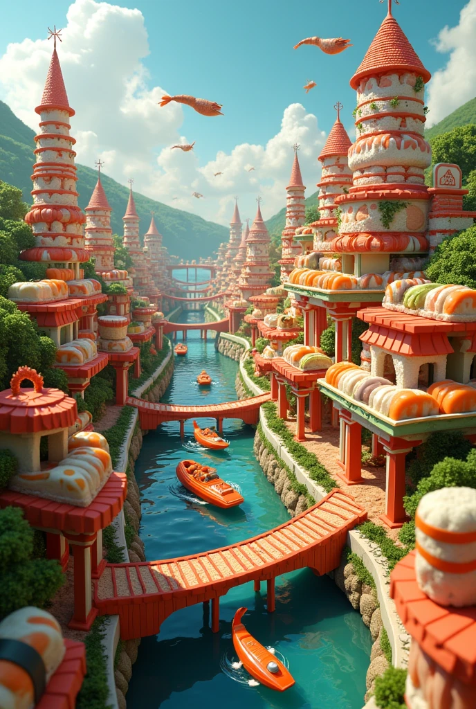 Cosntrus a city made of sushi and temaki, the cars must be shrimps