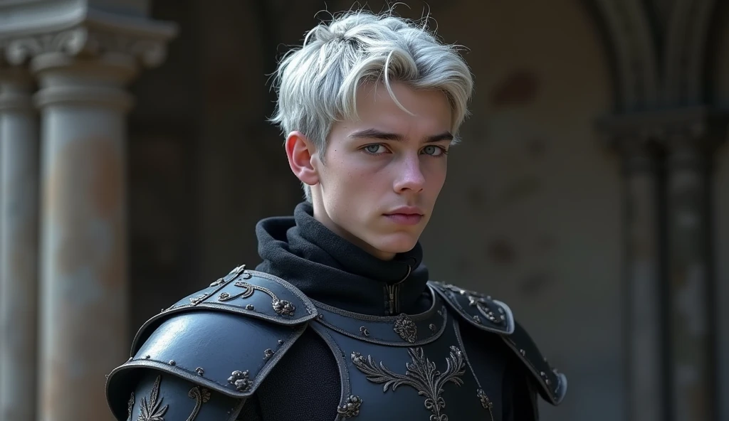 A targaryen teenager man with 15 years with silver short hair and violet eyes trails with black simple armor. full body. A Targaryen bastard