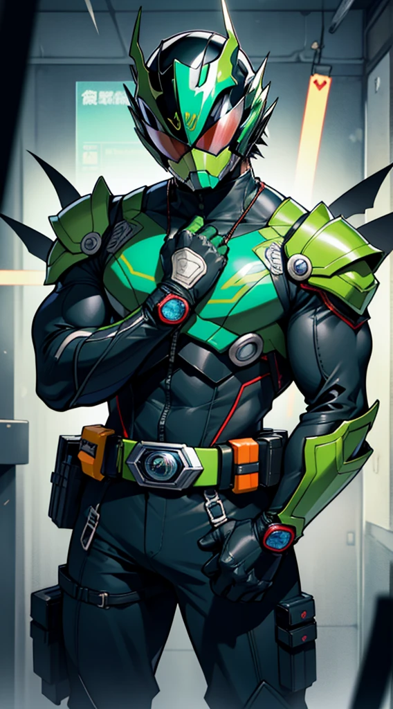8K、Crisp Contours、soio、cyberpunked、near future、Mechanic Hero、superhero、Hero Suit、tokusatsu hero、Kamen Rider、rifle、Heisei Rider、Reiwa Rider、Transformation Belt、The transformation belt has a card insert.、Kamen Rider transforming with cards、Mechanic helmet、Mechanical Armor、stylish、action、full bodyesbian、From head to toe、Make your transformation belt stand out、Possession of the card holder、Pose holding a card、Large compound eyes、Two tactile sensations、Jagged jaw parts、Full-face helmet、Eyes and belt are shining、Kamen Rider cards scattered in the background、The motif is grasshopper、