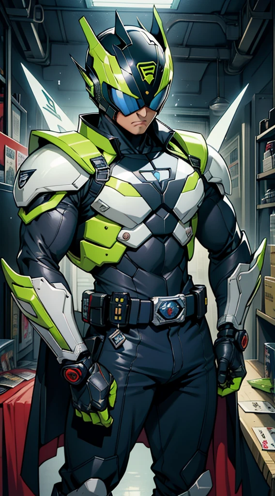 8K、Crisp Contours、soio、cyberpunked、near future、Mechanic Hero、superhero、Hero Suit、tokusatsu hero、Kamen Rider、rifle、Heisei Rider、Reiwa Rider、Transformation Belt、The transformation belt has a card insert.、Kamen Rider transforming with cards、Mechanic helmet、Mechanical Armor、stylish、action、full bodyesbian、From head to toe、Make your transformation belt stand out、Possession of the card holder、Pose holding a card、Large compound eyes、Two tactile sensations、Jagged jaw parts、Full-face helmet、Eyes and belt are shining、Kamen Rider cards scattered in the background、The motif is grasshopper、