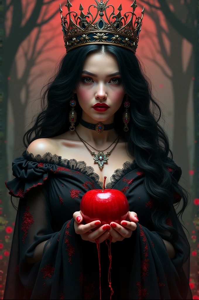 ((RAW Photo), absurd, (absurdresolution)), masterpiece, best quality, (Extremely detailed 8k unity CG wallpaper), (best illustration), (best shadow), Realistic lighting, beautiful detailed glow, ((21 years old)), girl, long black hair, black queen, accessories, apple in hand, poisoned apples, witch queen, red lipstick, (((Photographic Perspective of her)))
