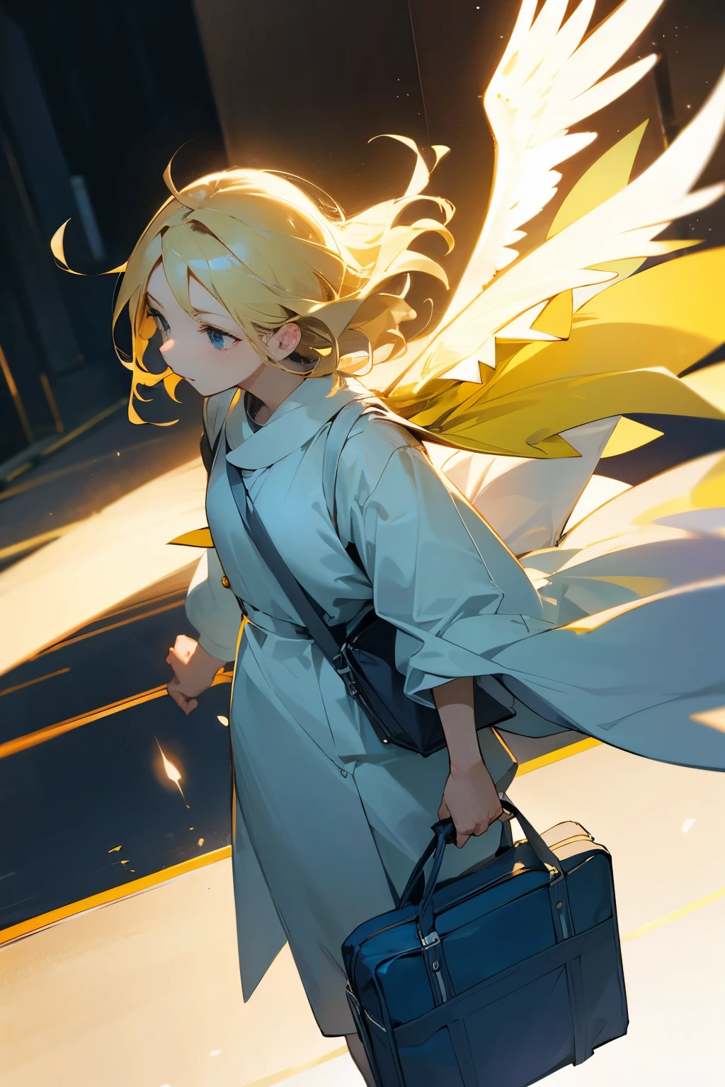 Spreading blonde hair、Angel、adult、flight、bag