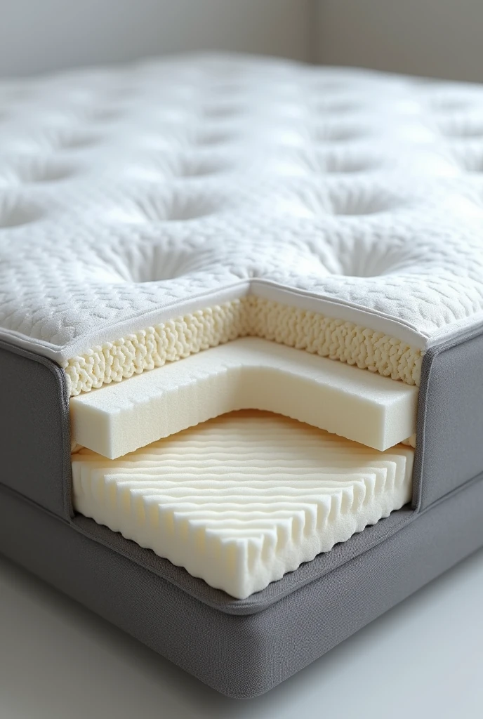 Ultra realistic image, foreground, of mattress parts, with cuts to see its interior and compare different types of mattresses with each other: of classic springs, Viscoelastic foam, pocket spring, metal coil springs
