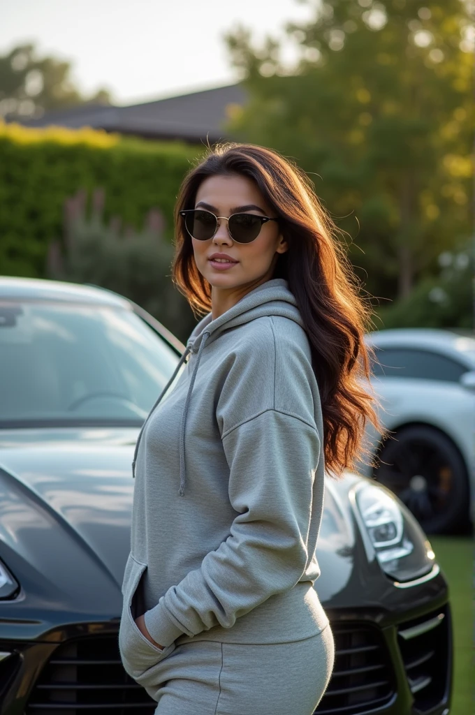 19 year old American curvy brunette women beautiful with hoodie and sweatpants with sunglasses standing next to Porsche svu in backyard
