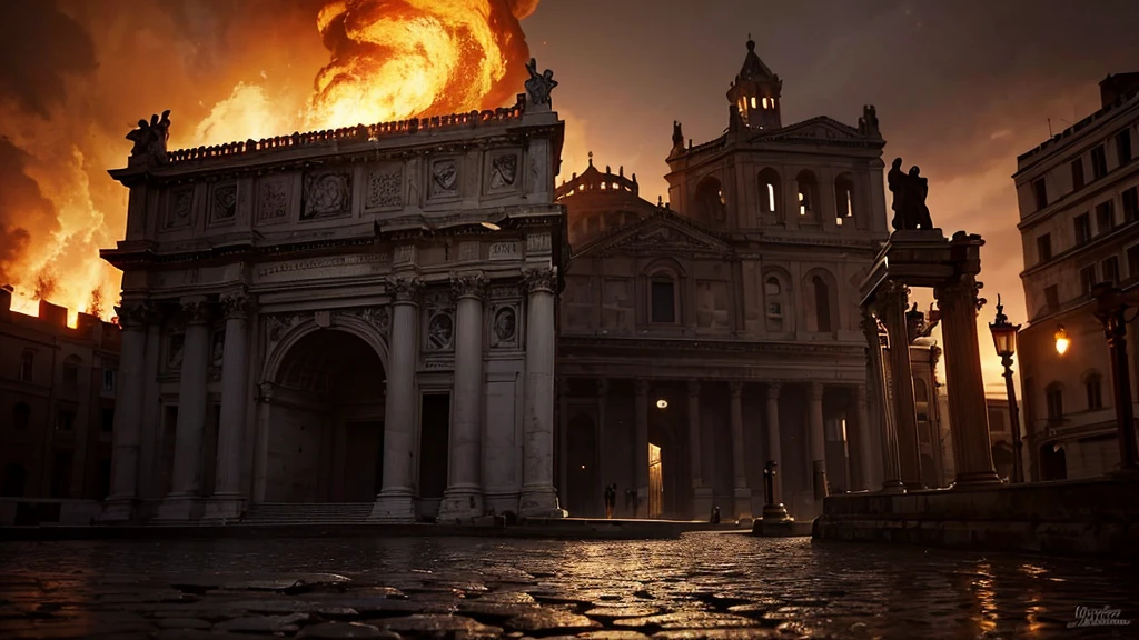 Old Rome, Midnight, dramatic,in the dark, dark, burning cathedral in the distance, Create a high-resolution digital painting of a street in the ancient rome with a burning cathedral in rome illuminated by the intense flames engulfing dimly the scene The background features the crumbling arches and shattered stained glass windows of the cathedral, all consumed by fire. The overall atmosphere is dark, chaotic, and anticlimactic with vivid details of the burning inferno heavy use of dramatic lighting and bold contrasts, Ancient rome