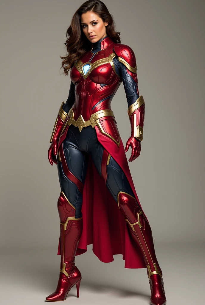 Iron Woman is in a high-tech, form-fitting armor suit in red and gold, with a glowing arc reactor on her chest, a matching red and gold skirt, and stylish red and gold boots. Her helmet is off, revealing her confident expression and sleek hair. She stands with one hand on her hip and the other arm extended, repulsor ready to fire