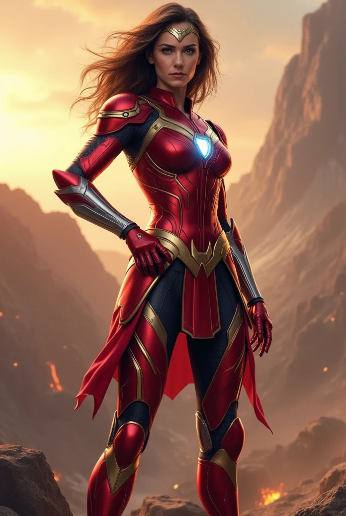 Iron Woman is in a high-tech, form-fitting armor suit in red and gold, with a glowing arc reactor on her chest, a matching red and gold skirt, and stylish red and gold boots. Her helmet is off, revealing her confident expression and sleek hair. She stands with one hand on her hip and the other arm extended, repulsor ready to fire