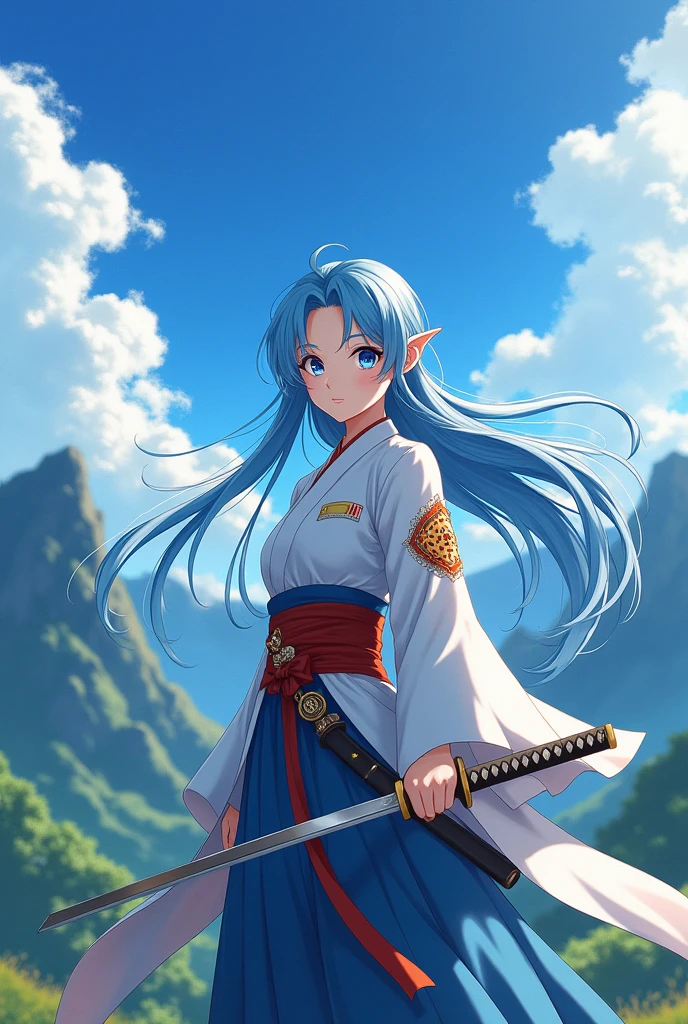 An anime character in style of an anime called "Demon slayer". Female, name - Amei which means heavens, sky. Create that character based off of her name. She wears a haori, has a katana, a demon slayer corps uniform.