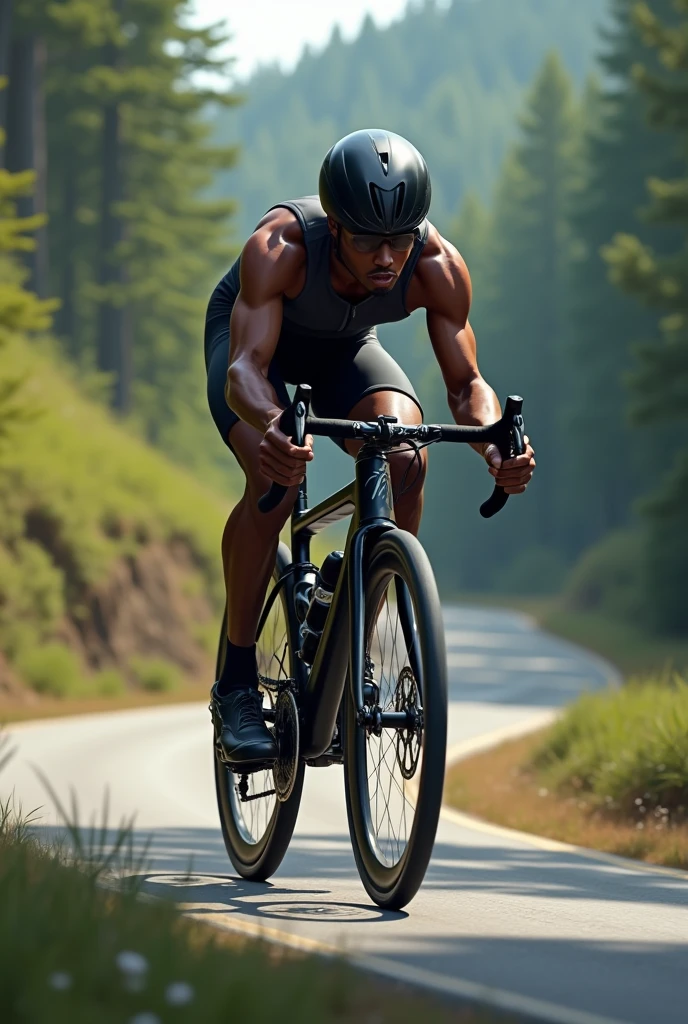Dark-skinned cyclist on top of a Montan Bike in an aerodynamic position holding the shock absorber to cut the wind, going down a track 
