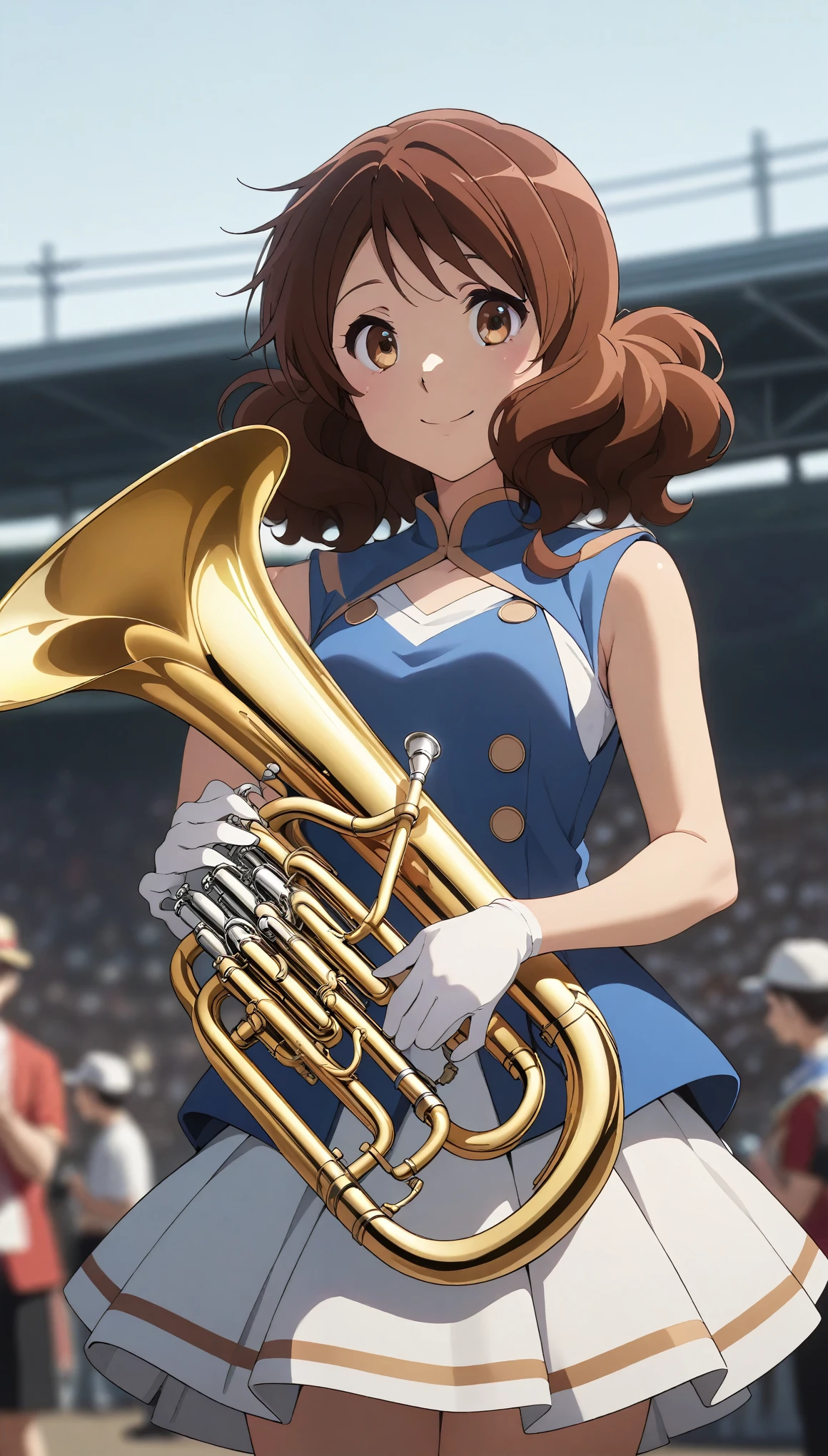 One girl,Oumae Kumiko,Medium Hair,Have a euphonium,
Sun Festival,band uniform,Mini Shako Cap,No sleeve,Blue Vest,Small breasts,smile,Cowboy Shot,Outdoor,
evaluation: general,masterpiece,Highest quality,  (Perfect hands, Perfect Anatomy),