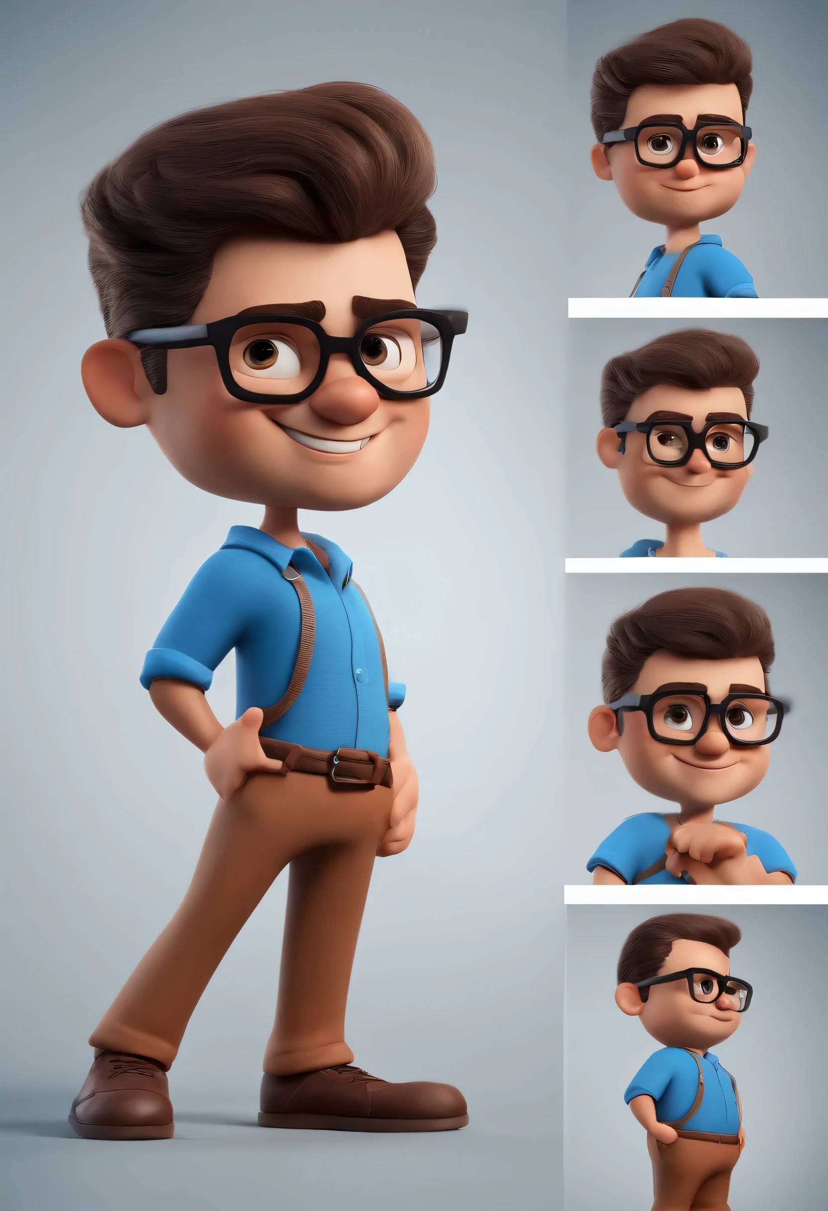 Cartoon character of a man in black glasses and blue shirt, animation character, stylized character, animation style rendering, 3d stylized, Arnold Maya rendering, Stylized 3D rendering, toon render screenshot, 3d character, 3d character, Stylized 3D rendering, 3D character rendering, cartoon character, Personagem de close up, character posing,  (Pixar-style) (master part:1.2) (bokeh) (best qualityer) (skin detailed) (detailed texture) (8k) (Argilla) (cinematic lighting) (sharp focus