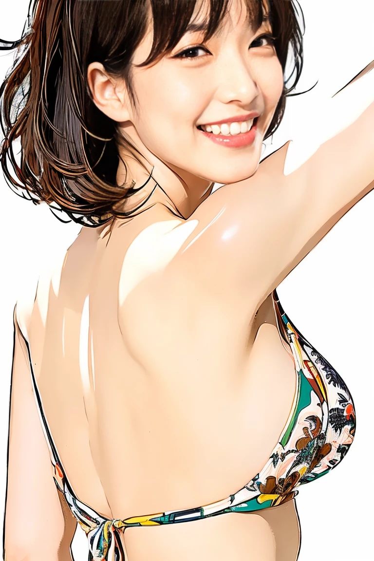 Top-quality,(top-quality),(The best illustrations),Best Shadows, Highest quality detail,The hair:Semi-long and black,Cute Japan person,wears: ,tits,big butts,sand beach, smiling face