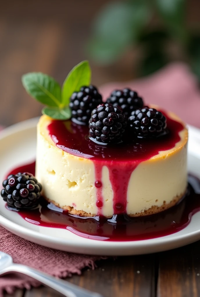 delicious cheesecake on a plate, blackberries and jam on top,