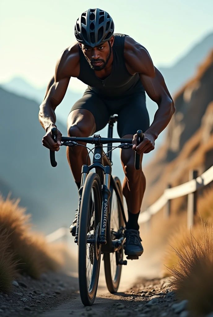 Dark-skinned cyclist on top of a Montan Bike in an aerodynamic position holding the shock absorber to cut the wind, going down a track