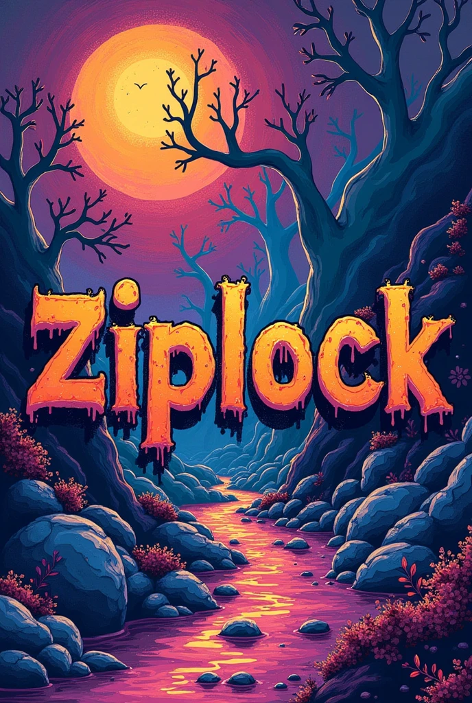 Create a psychedelic image with cool colors and the name "ZiplocK" written in a way as if it were stained.