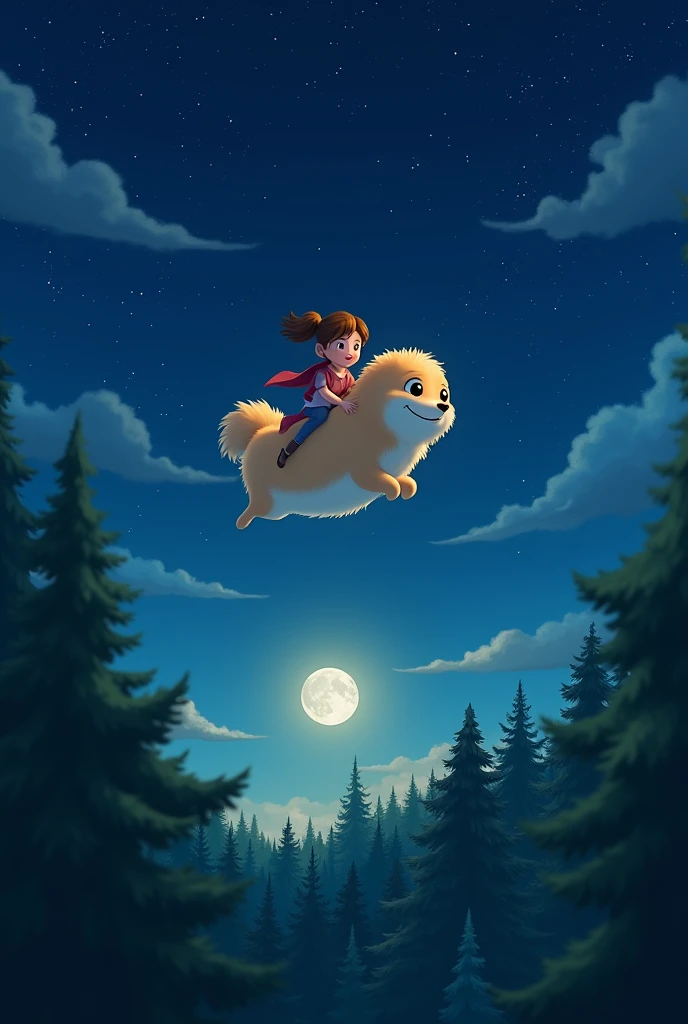 "Over the vast forest、Flying high in the night sky、Two sisters, one clinging tightly to the other、Flying with a big smiling fluffy creature。Below is a moonlit tree々The treetops spread out、The stars are twinkling in the clear night sky。This scene、Filled with the joy of flying and the thrill of adventure。"