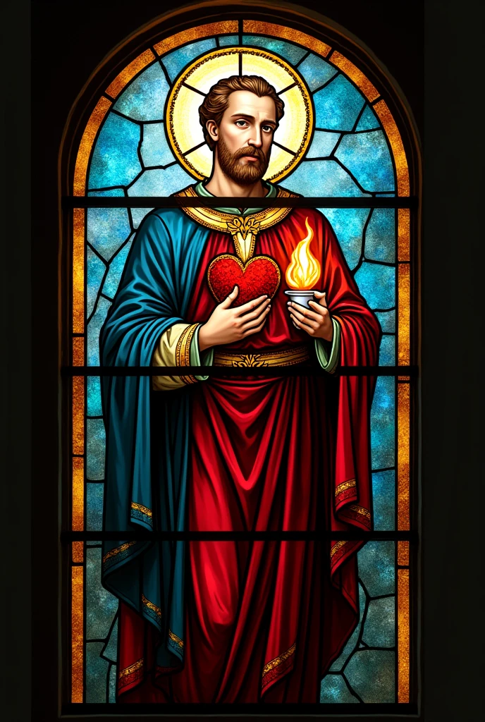 Unframed stained glass window of St. Augustine with his characteristic heart and flame