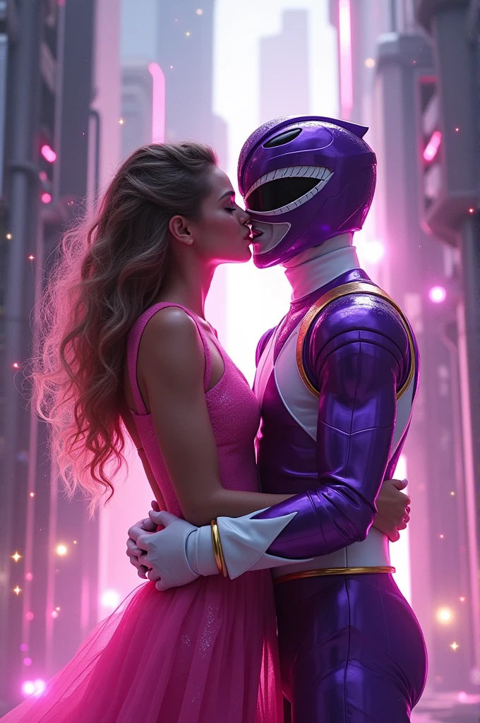 pink pawer ranger woman kissing purple pawer ranger man 