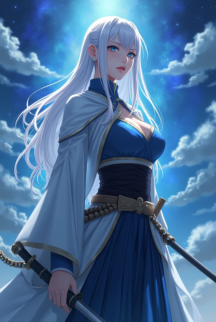 An anime character in style of an anime called "Demon slayer". Female, name - Amei which means heavens, sky. Create that character based off of her name. She wears a haori, has a katana, a demon slayer corps uniform. She's human, has sharp eyes and unexpressive look. Pale skin, long hair.