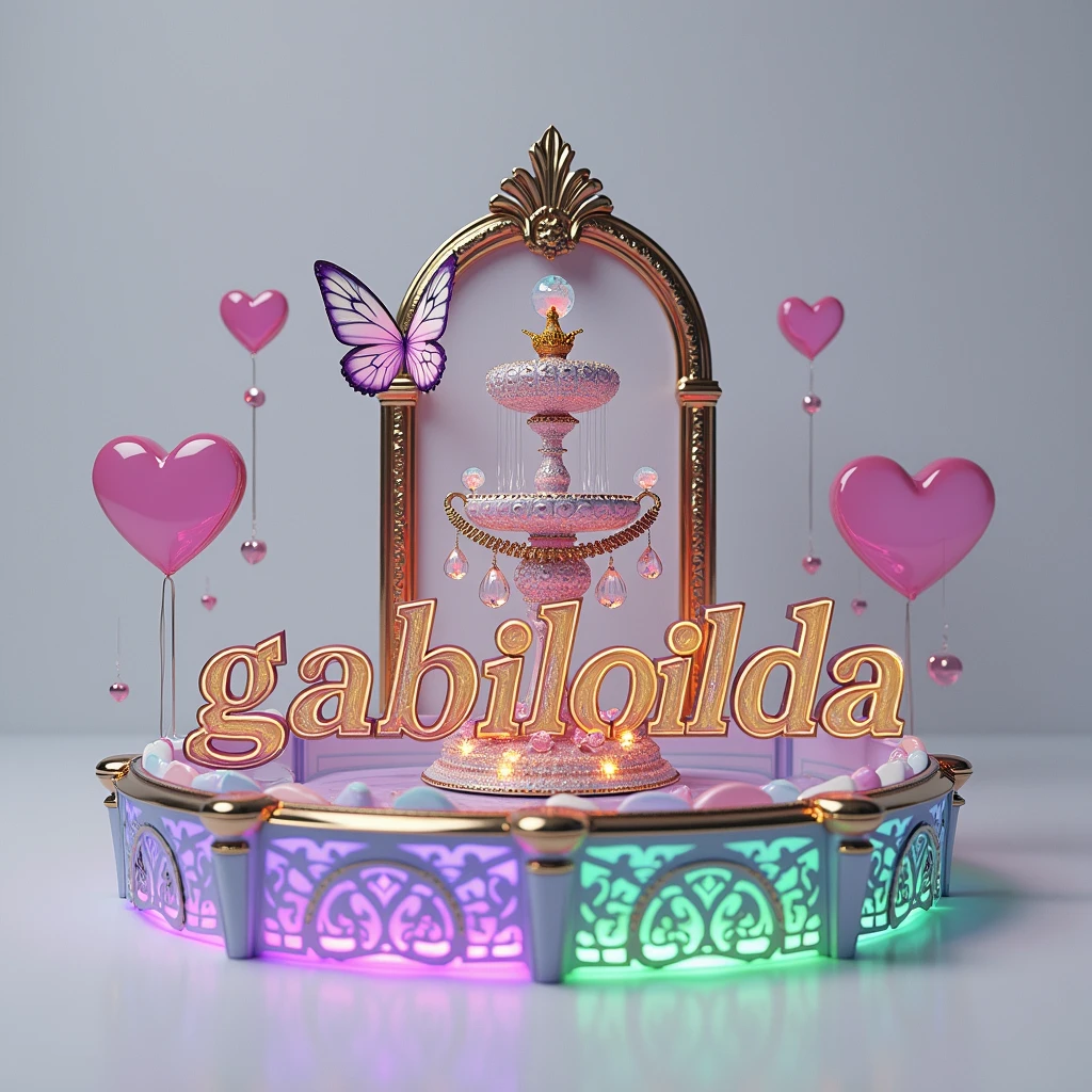 Generates an exquisitely designed 3D text logo titled "gabiloilda", that emanates an aura of royalty and mystery. The elegant crystallized fountain is adorned with a harmonious design, featuring a delicate pearly heart with a crown and a diamond, and a mesmerizing transparent iridescent butterfly. Vibrant neon shades of pink, blue, yellow, purple, green and orange come to life against pristine white background, adding a touch of magic and charm. Pink and lavender hearts on the sides enhance the charm, while bold typography and 3D rendering make a powerful statement in the world of vibrant 3D rendering architecture and design. Perfect for a cinematic experience or architectural design, This captivating logo captures the essence of a dreamy, conceptual art masterpiece.