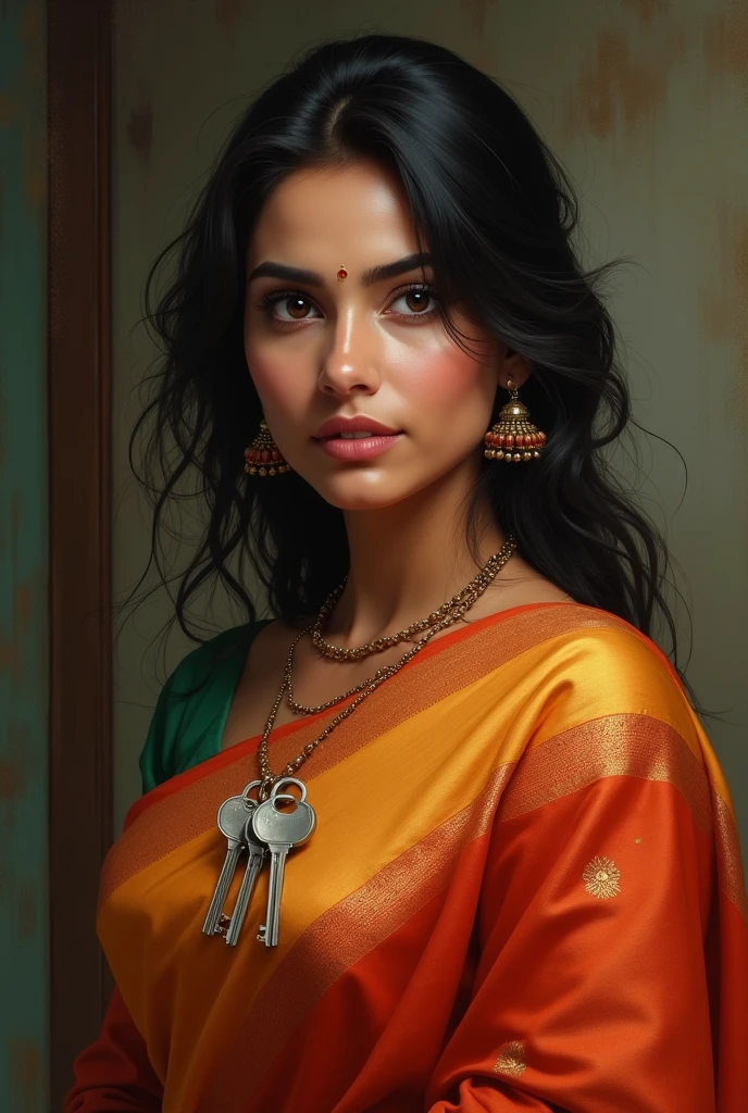 Indian women saree , keys in her cleavage