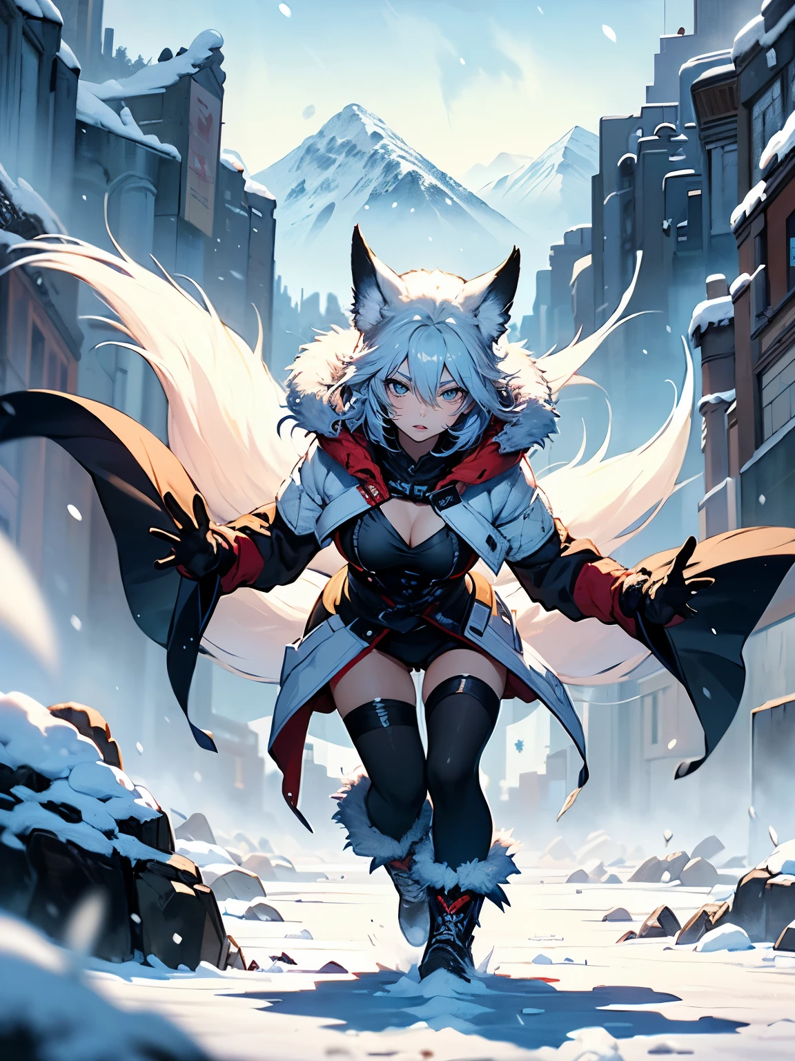 ((Seductive lady:1.3, solo:1.2))、((fusion of fox and lady:1.2))、((winter mountains:1.4))、((It's snowing:1.2))、((blizzard:1.5))、((blizzard effect:1.3))、((pelts clothes:1.2))、((fur boots))、((slant eyes:1.2))、((be wide open legs:1.3))、((dynamic angle:1.3))、((Meticulously drawn hands:1.3))、((Glossy realistic skin texture))、((shiny skin))、((Meticulously drawn hands:1.2))、perfect anatomy、masterpiece, ultra-detailliert, 8k, hiquality, Top image quality, Smooth texture、watercolor