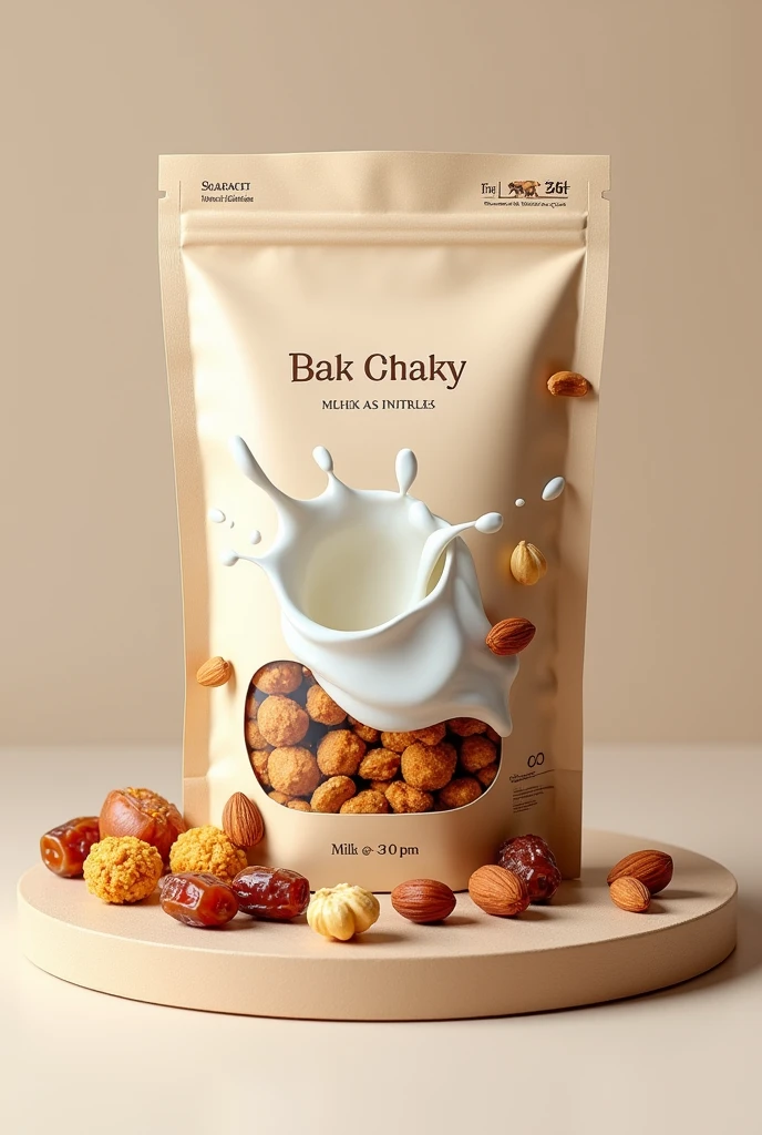 I want to make a packaging design of staand up pouch that has the mix of makhana , peanuts , date and almonds with milk splash
