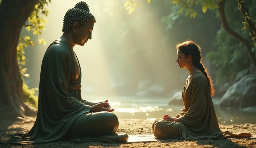 Buddha is sitting in a meditative posture, and the person is bowing before him and asking. The Buddha's eyes are calm and kind, and the man's concern is clearly visible.