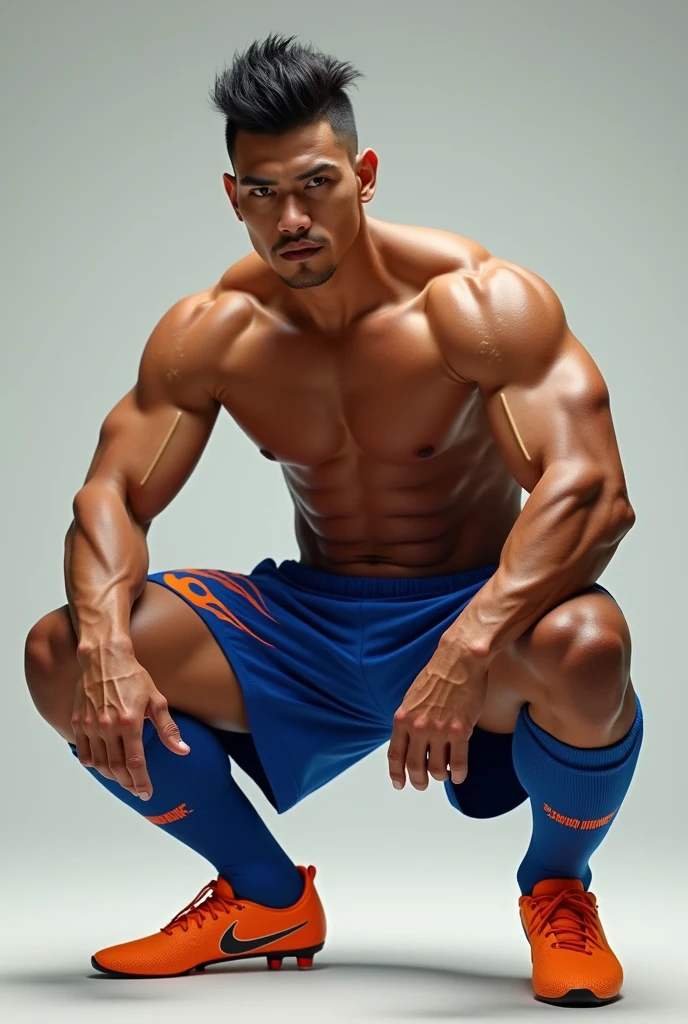 Shirtless Thai soccer player wearing blue soccer shorts with flames and knee high soccer socks squatting