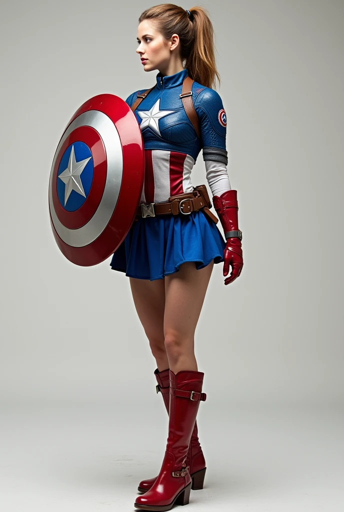 Captain America female version wears a blue bodysuit with white and red accents, a matching blue skirt, a white star emblem on her chest, and red boots. She holds a circular shield with the iconic star and stripes. Her hair is tied back in a practical yet stylish manner, and she stands with the shield raised, ready to defend